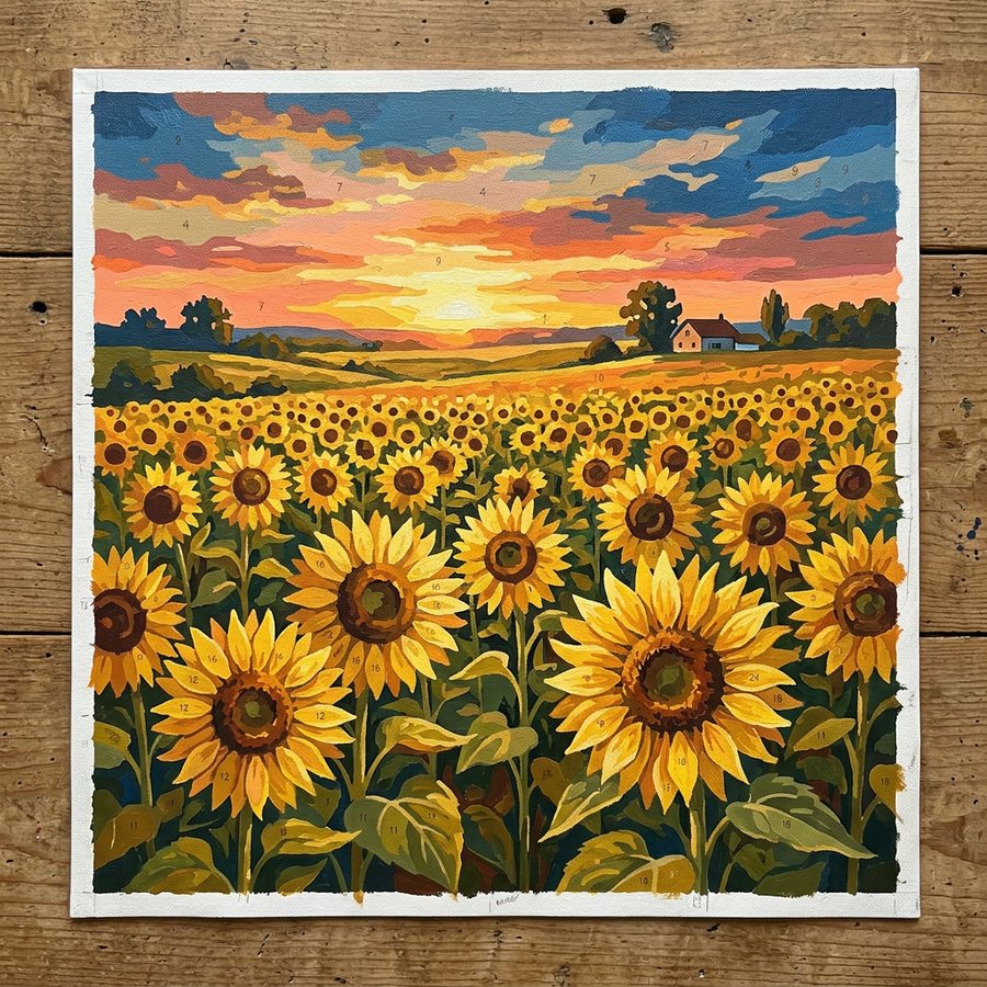 Sunflower field paint by numbers painting finished in acrylics