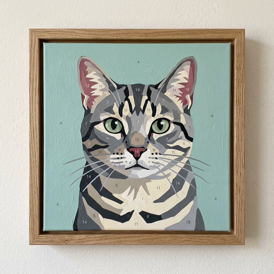 Grey tabby cat portrait painted from a paint by numbers template