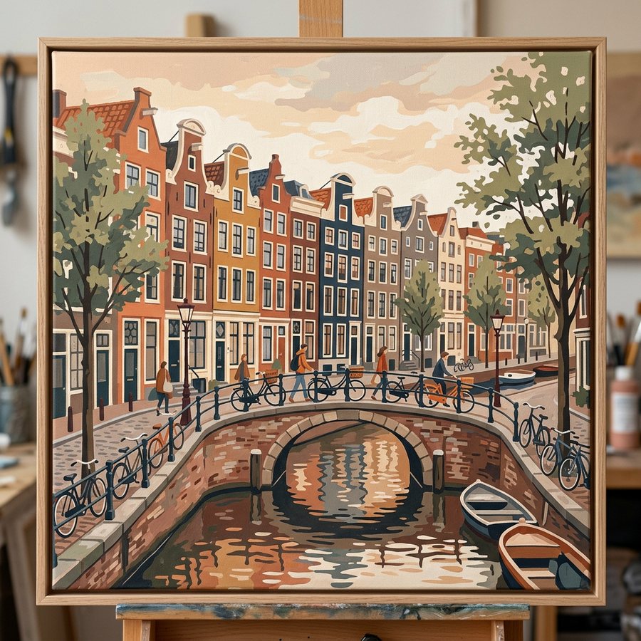Amsterdam canal houses painted from a paint by numbers template