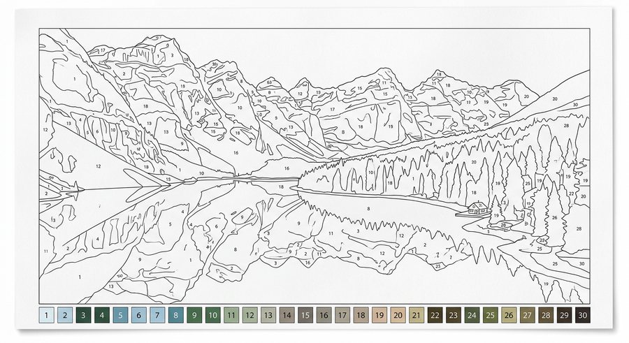 Printable paint by numbers outline template with numbered regions and a colour palette strip